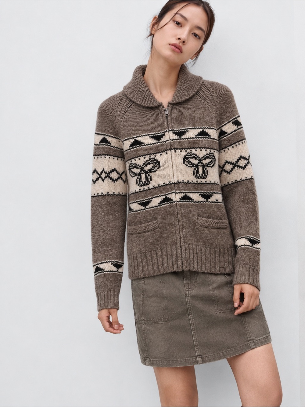 TNA Sea to Sky Taupe, Cream & Black Zip-Up Fair Isle Cardigan - L 100% Lambswool